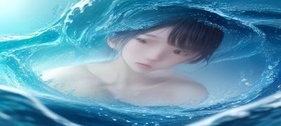 二次元插画白丝喷水作品，数字绘画手法呈现白色丝质与水流的唯美互动，薰衣草紫背景衬托冷白主体